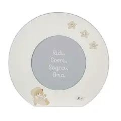 PORTA FOTO IN LEGNO BIANCO CON ORSO BEIGE TONDO DIAM.32