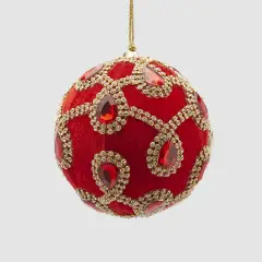 Palla Natalizia Velluto Rosso con Gemme 10cm EDG Elegante