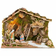 Capanna Presepe Illuminato con Luce Led e Natività H16 cm 60x34x43